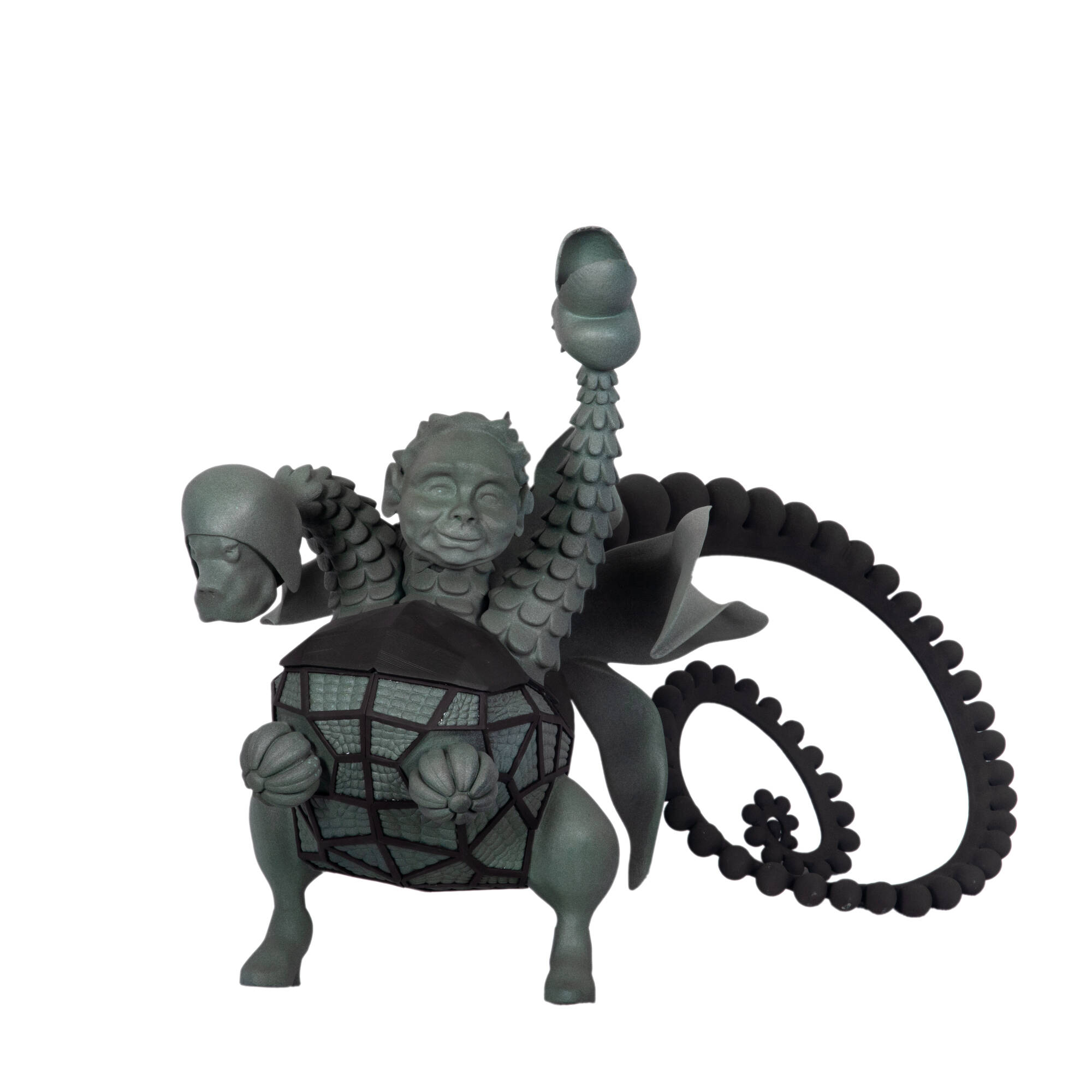 Green and black three headed creature on two legs with large curling tail.